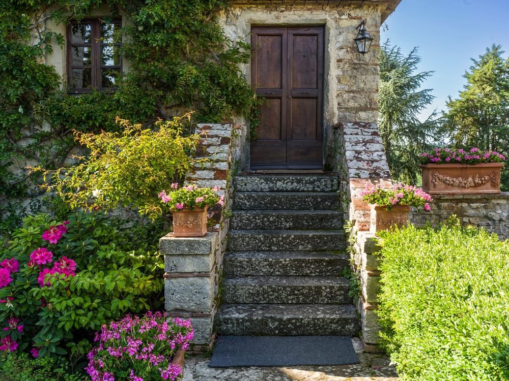 Brick front steps with planting