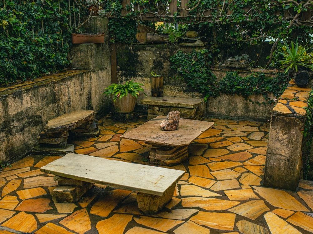 Flagstone patio with seating