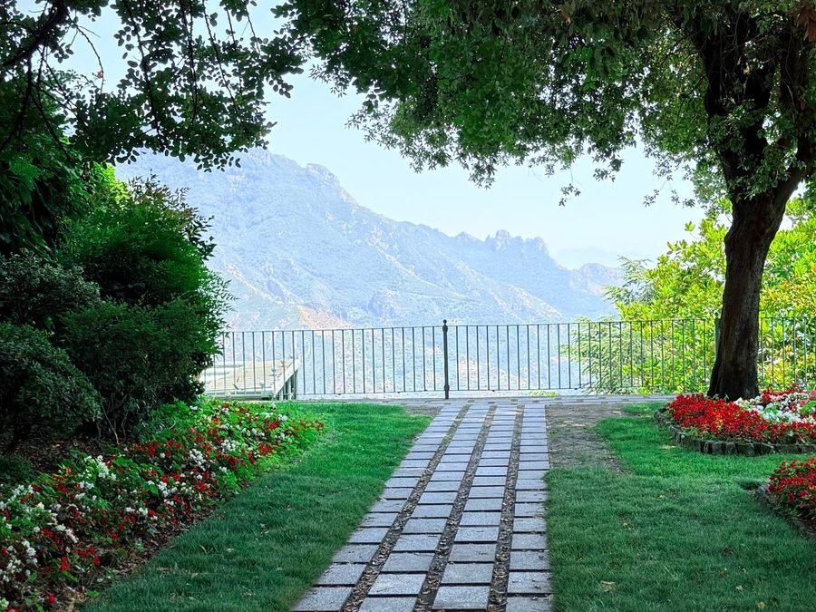 Stone paver walkway through a garden